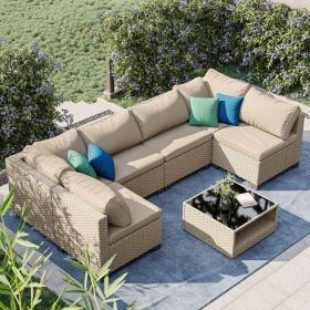 All-Weather Sectional Furniture Set with Storage Table; 7 Pieces; Water Resistant; Thick Cushions; Beige