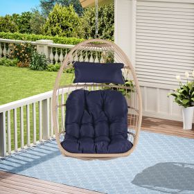 Outdoor Hanging Rattan Egg Chair; Dark Blue Cushion