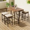 Patio Bar Height Table with Four Stools and Cushions; Foldable Tabletop; Acacia Wood