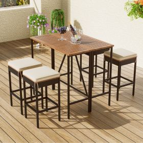 Patio Bar Height Table with Four Stools and Cushions; Foldable Tabletop; Acacia Wood