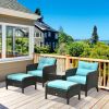 Outsunny Rattan Armchairs with Ottomans and a Glass Top Coffee Table; Blue; 5 Pieces