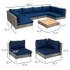 Outsunny 7 Piece Wicker Patio Sectional Furniture Set with Thickened Cushions; Acacia Wood Coffee Table; Brown/Blue