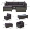 Outsunny Patio Wicker Sectional Furniture Set; Gray Cushions and Pillows; Glass Top Table; 5-Piece