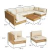 Outsunny 7 Piece Wicker Patio Furniture Set With Acacia Wood Table, Khaki/Beige