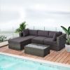 Outsunny Patio Wicker Sectional Furniture Set; Gray Cushions and Pillows; Glass Top Table; 5-Piece