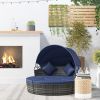 Outsunny Canopied Gray Rattan Daybed With Dark Blue Plush Cushions