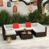 Outsunny Patio Rattan Sectional Sofa with White Cushions; 7 Piece Furniture Set