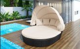 GO Outdoor rattan daybed sunbed with Retractable Canopy Wicker Furniture, Round Outdoor Sectional Sofa Set