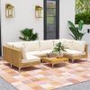 Outsunny 7 Piece Wicker Patio Furniture Set With Acacia Wood Table, Khaki/Beige