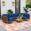 Outsunny 7 Piece Wicker Patio Sectional Furniture Set with Thickened Cushions; Acacia Wood Coffee Table; Brown/Blue