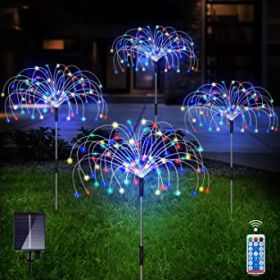 Waterproof Solar Fireworks Stake Lights With Remote; 4 Pack; 120 LED Copper Wire; 8 Modes (Color: Colorful)