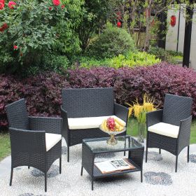 4 PC Rattan Patio Furniture Set with Seat Cushions (Color: Black+Beige)
