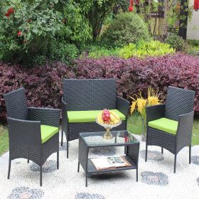 4 PC Rattan Patio Furniture Set with Seat Cushions (Color: Black+green)