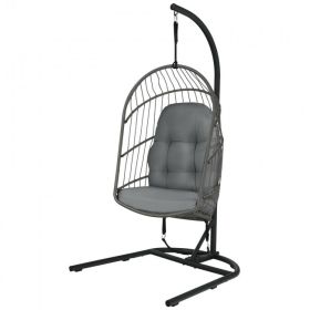 Wicker Hanging Egg Chair with Stand and Cushion (Color: Gray)