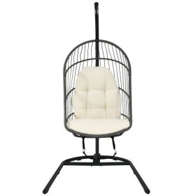 Wicker Hanging Egg Chair with Stand and Cushion (Color: Beige)
