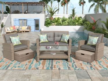 Wicker Patio Furniture Set; Sectional Sofa with Ottomans & Table (Color: Gray)