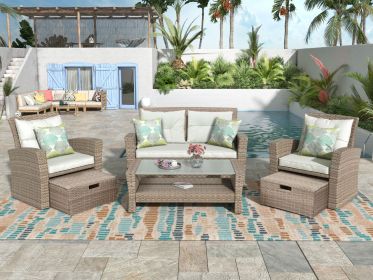Wicker Patio Furniture Set; Sectional Sofa with Ottomans & Table (Color: Beige)