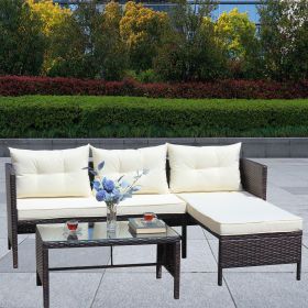 Ratten Sectional Sofa With Seat Cushions(Beige Cushion); 3 Piece Conversation Set (Color: as Pic)