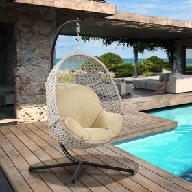 Large Hanging Egg Chair with Metal Stand and UV Resistant Cushion; For Outdoor or Indoor (Color: Beige)
