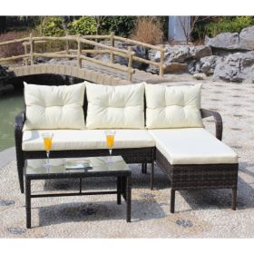 Ratten Sectional Sofa With Seat Cushions(Beige Cushion); 3 Piece Conversation Set (Color: Brown)