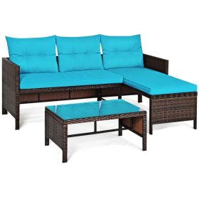 Outdoor Patio Rattan Sofa 3 Piece Set (Color: Turquoise)