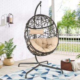 Hanging Egg Chair With Stand and UV Resistant Cushion (Color: Beige)