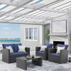 Wicker Rattan Patio Set; Sectional Sofa and Cushions with Tempered Glass Coffee Table