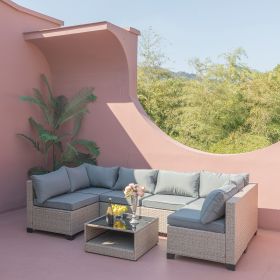 All-Weather Patio Conversation Set with Water Resistant Thick, Grey Cushions; 7 Pieces (Color: as Pic)