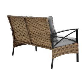 KD Rattan Conversation Sofa Set With Cushion; 4 piece (Color: as Pic)