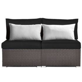 Rattan Armless 2 Piece Sofa Set with 2 Cushions and 2 Pillows (Color: Black)