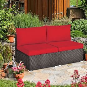 Rattan Armless 2 Piece Sofa Set with 2 Cushions and 2 Pillows (Color: Red)