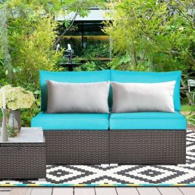 Rattan Armless 2 Piece Sofa Set with 2 Cushions and 2 Pillows (Color: Blue)