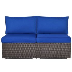 Rattan Armless 2 Piece Sofa Set with 2 Cushions and 2 Pillows (Color: Navy)