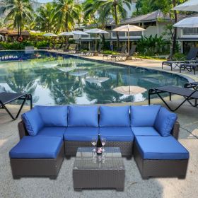 Wicker Furniture Sets with Cushions & Glass Coffee Table; Silver Gray; 7 piece (Color: Brown)