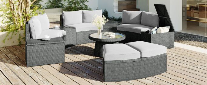 TOPMAX Patio Sectional Half Round Wicker Conversation Furniture Set; Light Gray; 10 Piece (Color: as Pic)