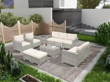 Rattan Patio Furniture Set With Cushions & Tempered Glass Coffee Table; 10 Piece Set (Main Material: PE Rattan+Iron+Waterproof Fabric, Main Color: Antique White+Gray)