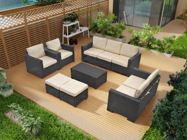 Rattan Patio Furniture Set With Cushions & Tempered Glass Coffee Table; 10 Piece Set (Main Material: PE Rattan+Iron+Waterproof Fabric, Main Color: Brown Multi)