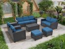 Rattan Patio Furniture Set With Cushions & Tempered Glass Coffee Table; 10 Piece Set
