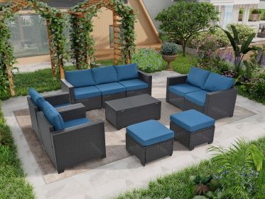 Rattan Patio Furniture Set With Cushions & Tempered Glass Coffee Table; 10 Piece Set (Main Material: PE Rattan+Iron+Waterproof Fabric, Main Color: Dark Brown)