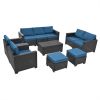 Rattan Patio Furniture Set With Cushions & Tempered Glass Coffee Table; 10 Piece Set