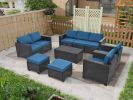 Rattan Patio Furniture Set With Cushions & Tempered Glass Coffee Table; 10 Piece Set
