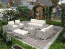 Rattan Patio Furniture Set With Cushions & Tempered Glass Coffee Table; 10 Piece Set
