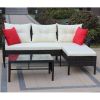 Ratten Sectional Sofa With Seat Cushions(Beige Cushion); 3 Piece Conversation Set