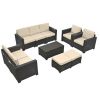 Rattan Patio Furniture Set With Cushions & Tempered Glass Coffee Table; 10 Piece Set